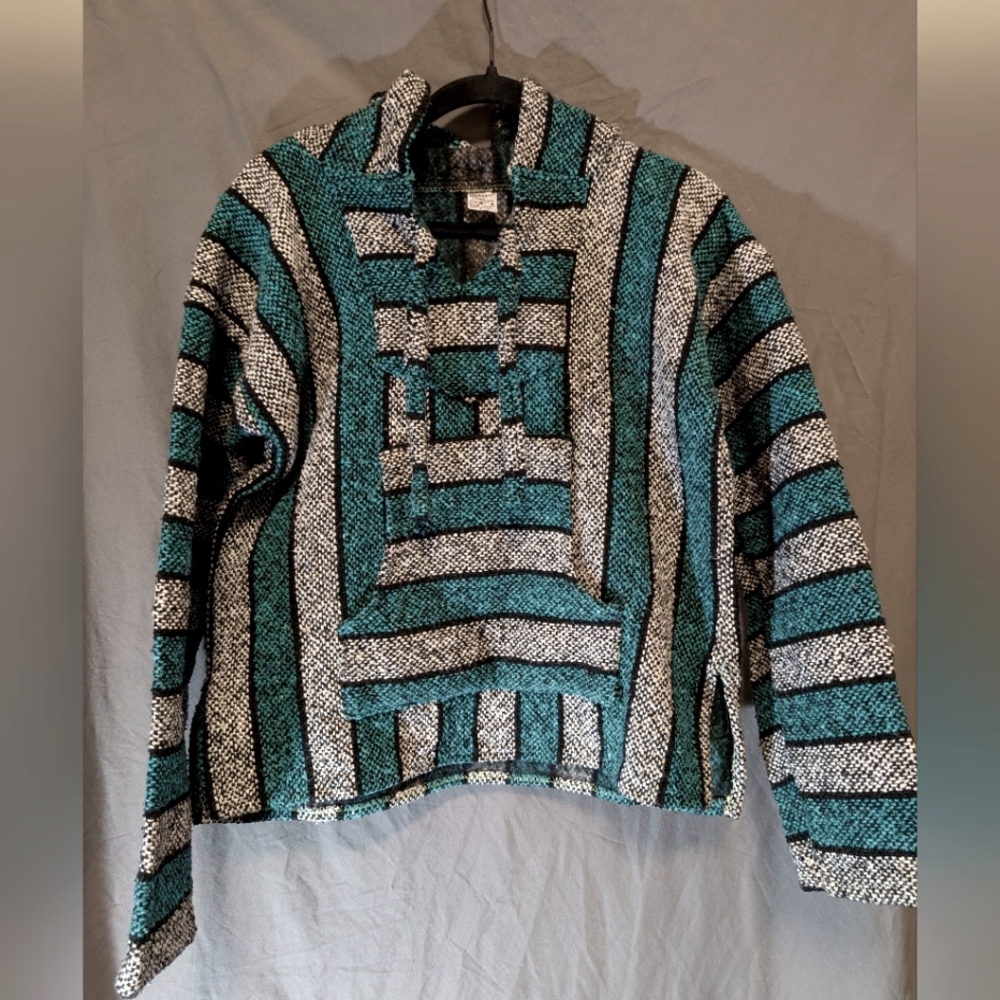Artesanias Mickey Small Adult Mexican Poncho Hoodie Sweater Deep Teal/Gray Color